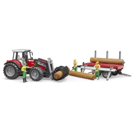 Bruder tractor Massey Ferguson 7480 cu incarcator frontal si remorca pentru lemne